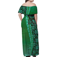 Samoan Pacific Tribal Flower Geometric Art Tattoos Family Matching Off Shoulder Maxi Dress and Hawaiian Shirt Siapo Pattern Emerald Glow - Polynesian Pride
