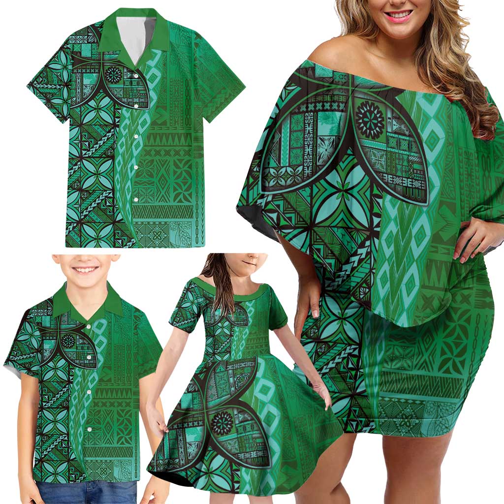 Samoan Pacific Tribal Flower Geometric Art Tattoos Family Matching Off Shoulder Short Dress and Hawaiian Shirt Siapo Pattern Emerald Glow - Polynesian Pride