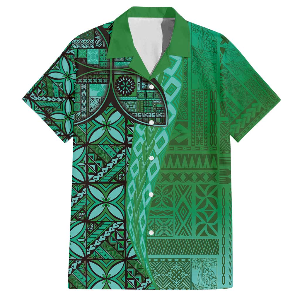 Samoan Pacific Tribal Flower Geometric Art Tattoos Family Matching Off Shoulder Short Dress and Hawaiian Shirt Siapo Pattern Emerald Glow - Polynesian Pride
