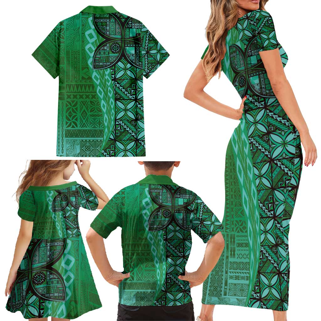 Samoan Pacific Tribal Flower Geometric Art Tattoos Family Matching Short Sleeve Bodycon Dress and Hawaiian Shirt Siapo Pattern Emerald Glow - Polynesian Pride