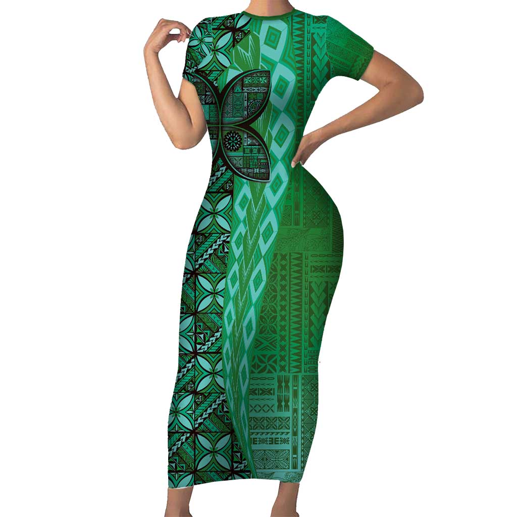 Samoan Pacific Tribal Flower Geometric Art Tattoos Family Matching Short Sleeve Bodycon Dress and Hawaiian Shirt Siapo Pattern Emerald Glow - Polynesian Pride