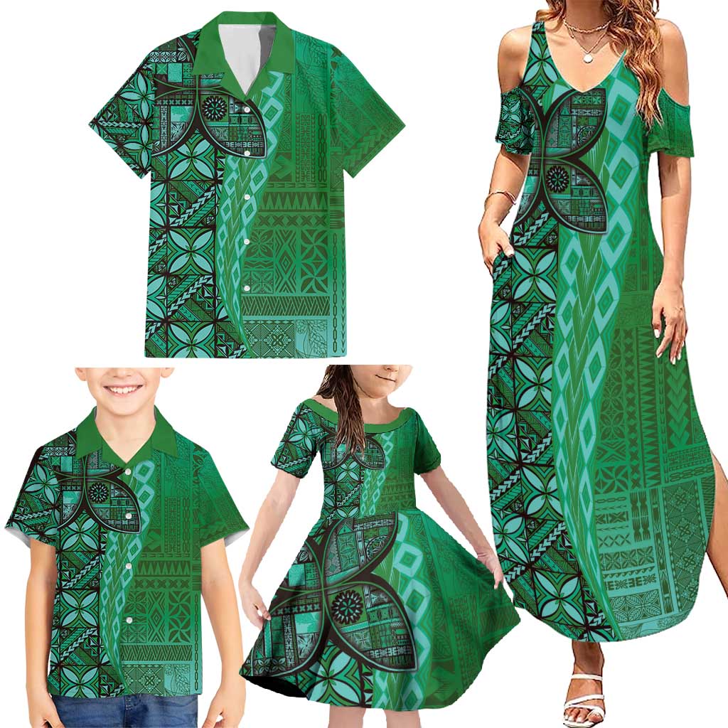 Samoan Pacific Tribal Flower Geometric Art Tattoos Family Matching Summer Maxi Dress and Hawaiian Shirt Siapo Pattern Emerald Glow - Polynesian Pride