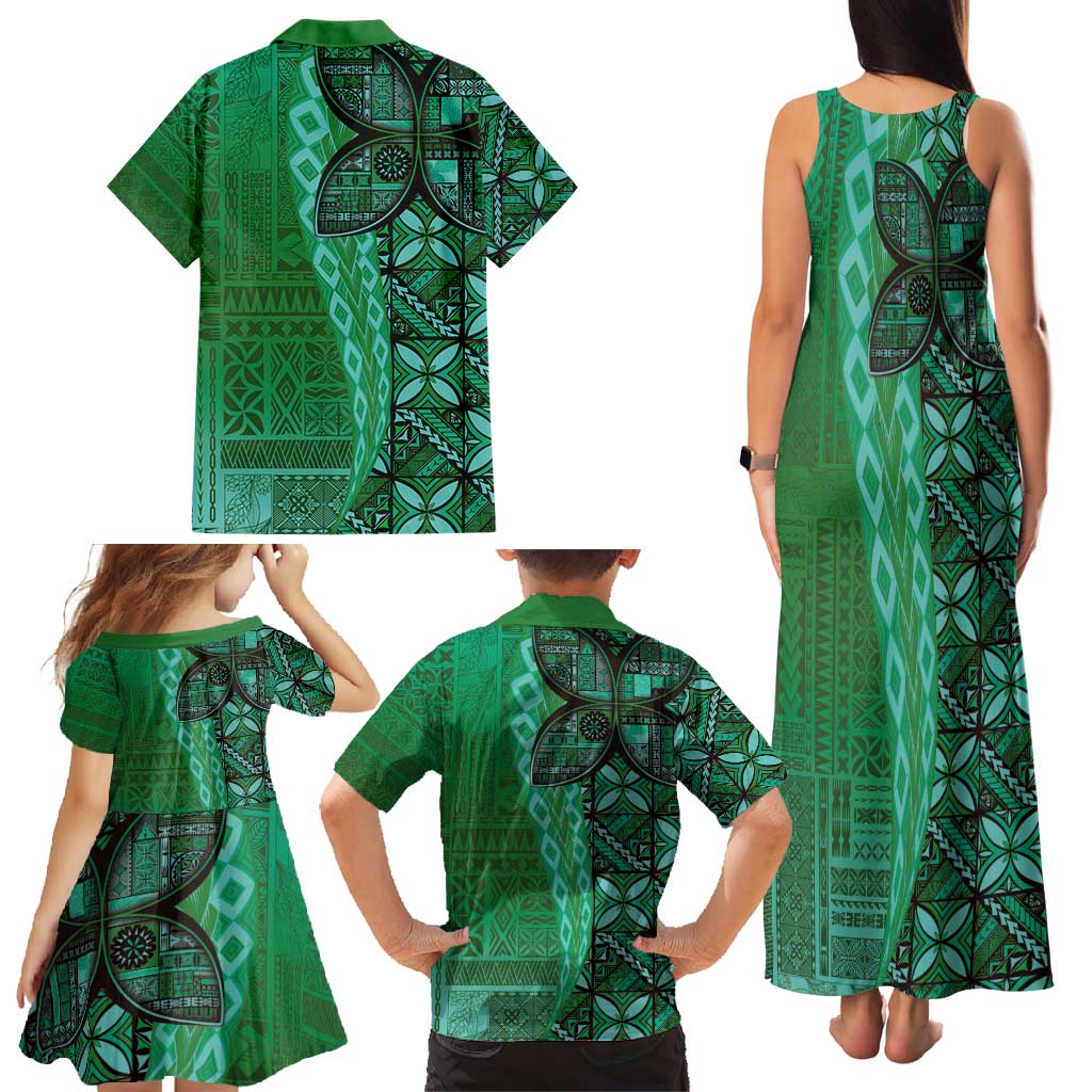 Samoan Pacific Tribal Flower Geometric Art Tattoos Family Matching Tank Maxi Dress and Hawaiian Shirt Siapo Pattern Emerald Glow - Polynesian Pride