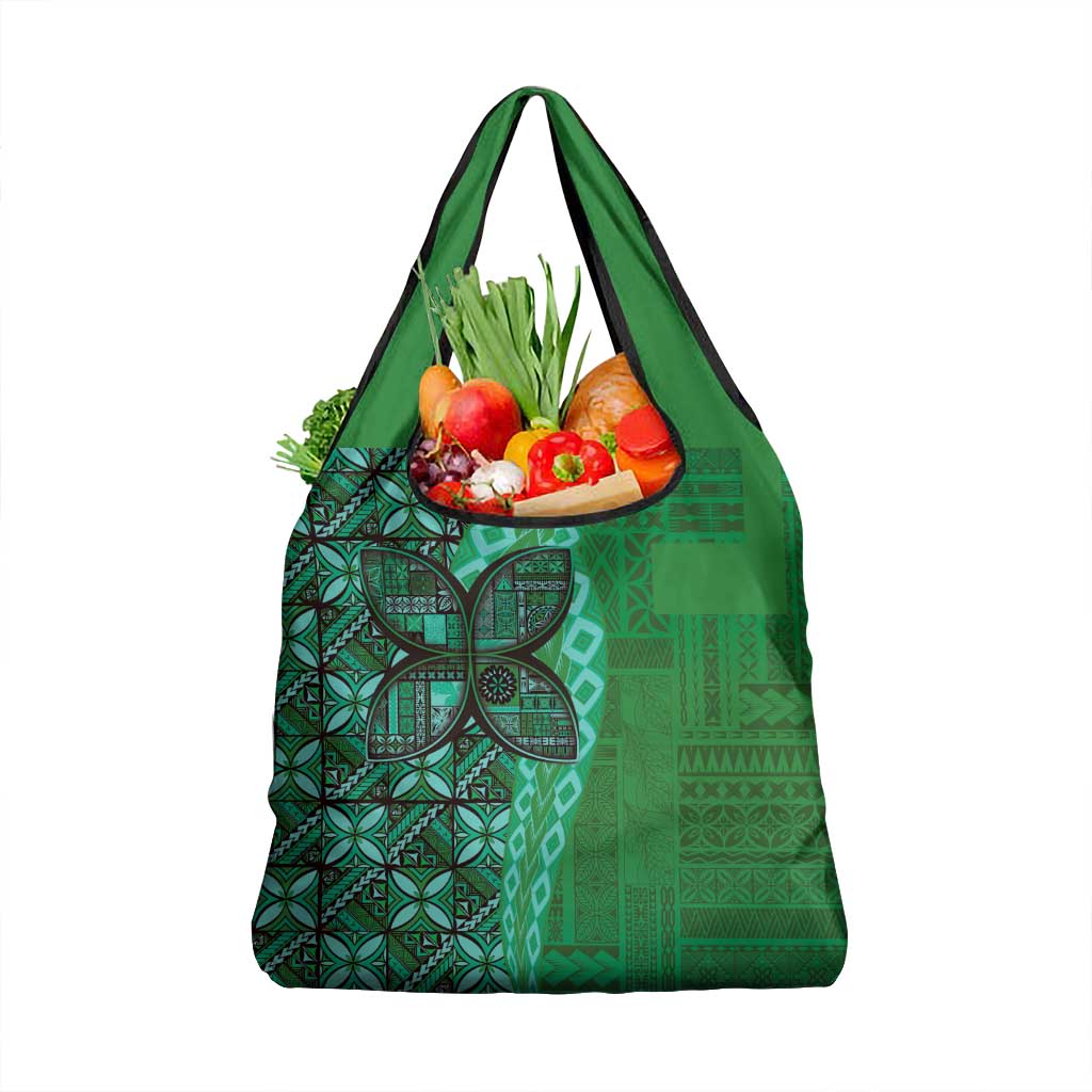 Samoan Pacific Tribal Flower Geometric Art Tattoos Grocery Bag Siapo Pattern Emerald Glow - Polynesian Pride