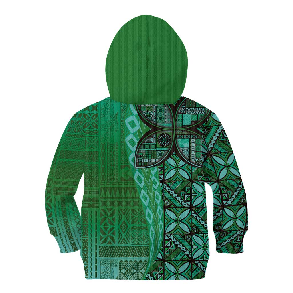 Samoan Pacific Tribal Flower Geometric Art Tattoos Kid Hoodie Siapo Pattern Emerald Glow - Polynesian Pride