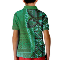 Samoan Pacific Tribal Flower Geometric Art Tattoos Kid Polo Shirt Siapo Pattern Emerald Glow - Polynesian Pride