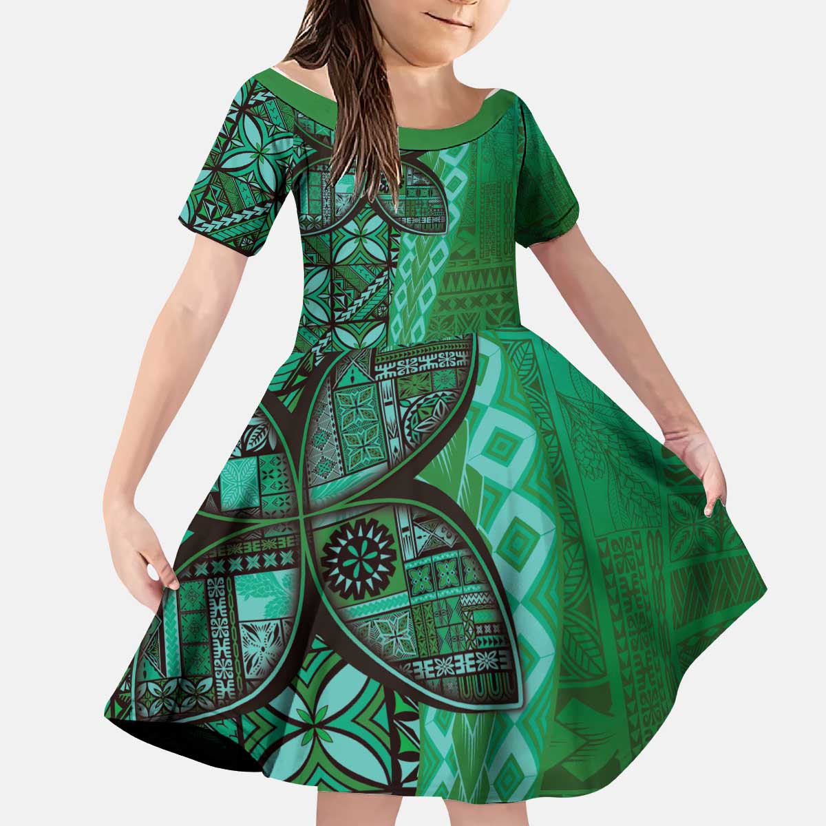 Samoan Pacific Tribal Flower Geometric Art Tattoos Kid Short Sleeve Dress Siapo Pattern Emerald Glow - Polynesian Pride