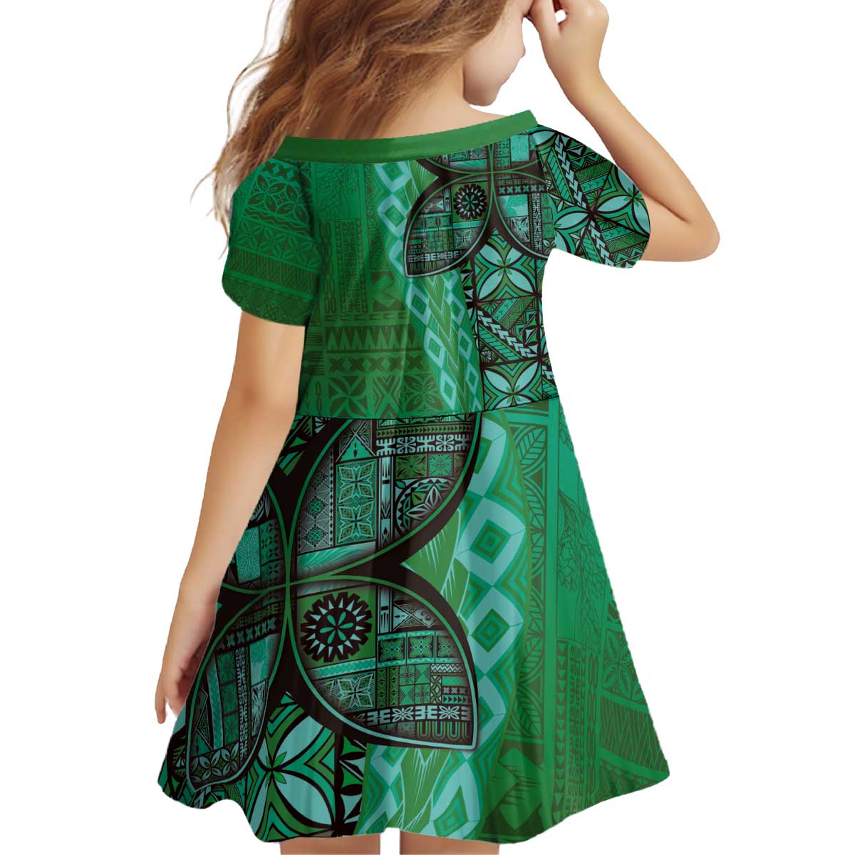 Samoan Pacific Tribal Flower Geometric Art Tattoos Kid Short Sleeve Dress Siapo Pattern Emerald Glow - Polynesian Pride
