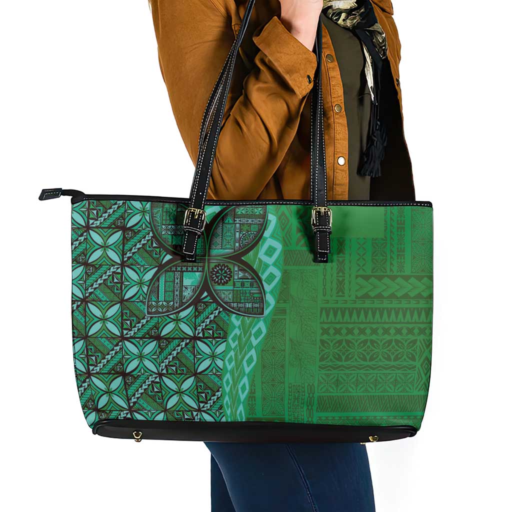 Samoan Pacific Tribal Flower Geometric Art Tattoos Leather Tote Bag Siapo Pattern Emerald Glow - Polynesian Pride