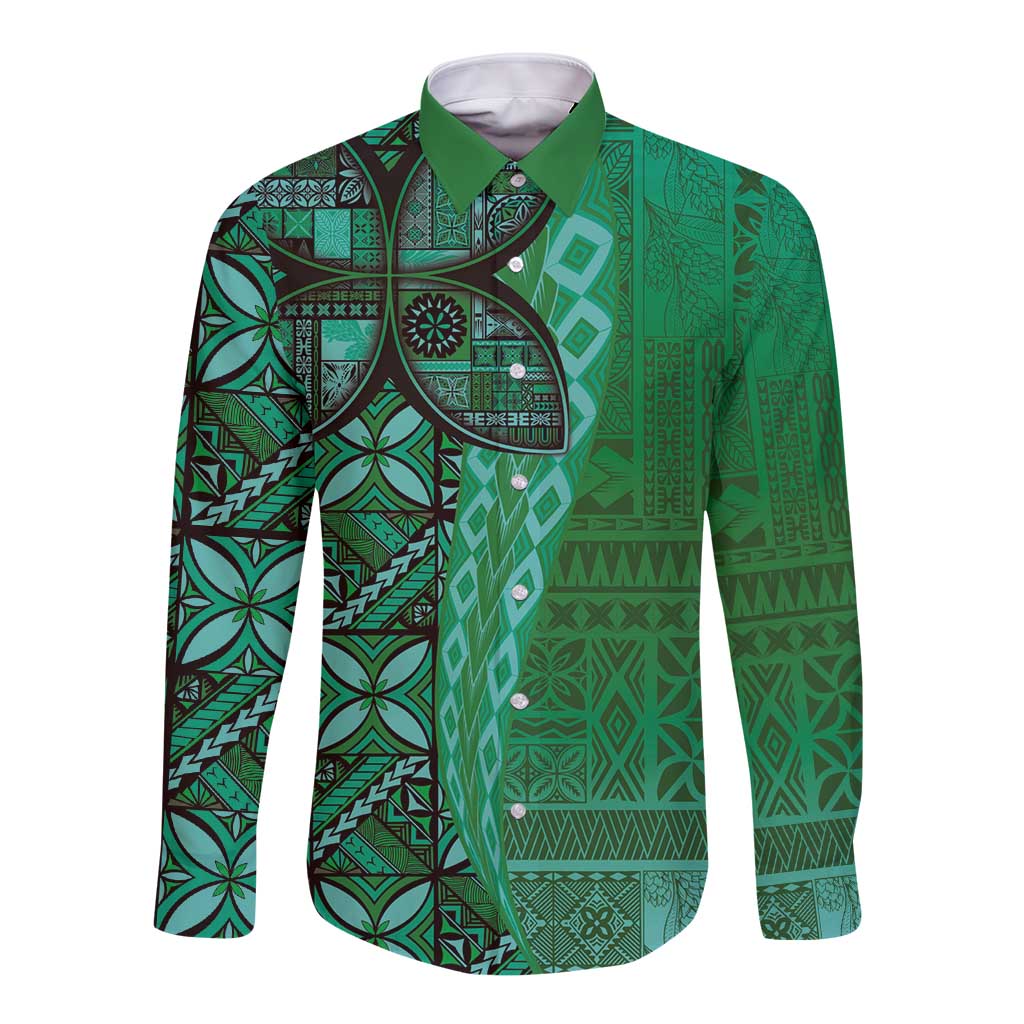 Samoan Pacific Tribal Flower Geometric Art Tattoos Long Sleeve Button Shirt Siapo Pattern Emerald Glow - Polynesian Pride