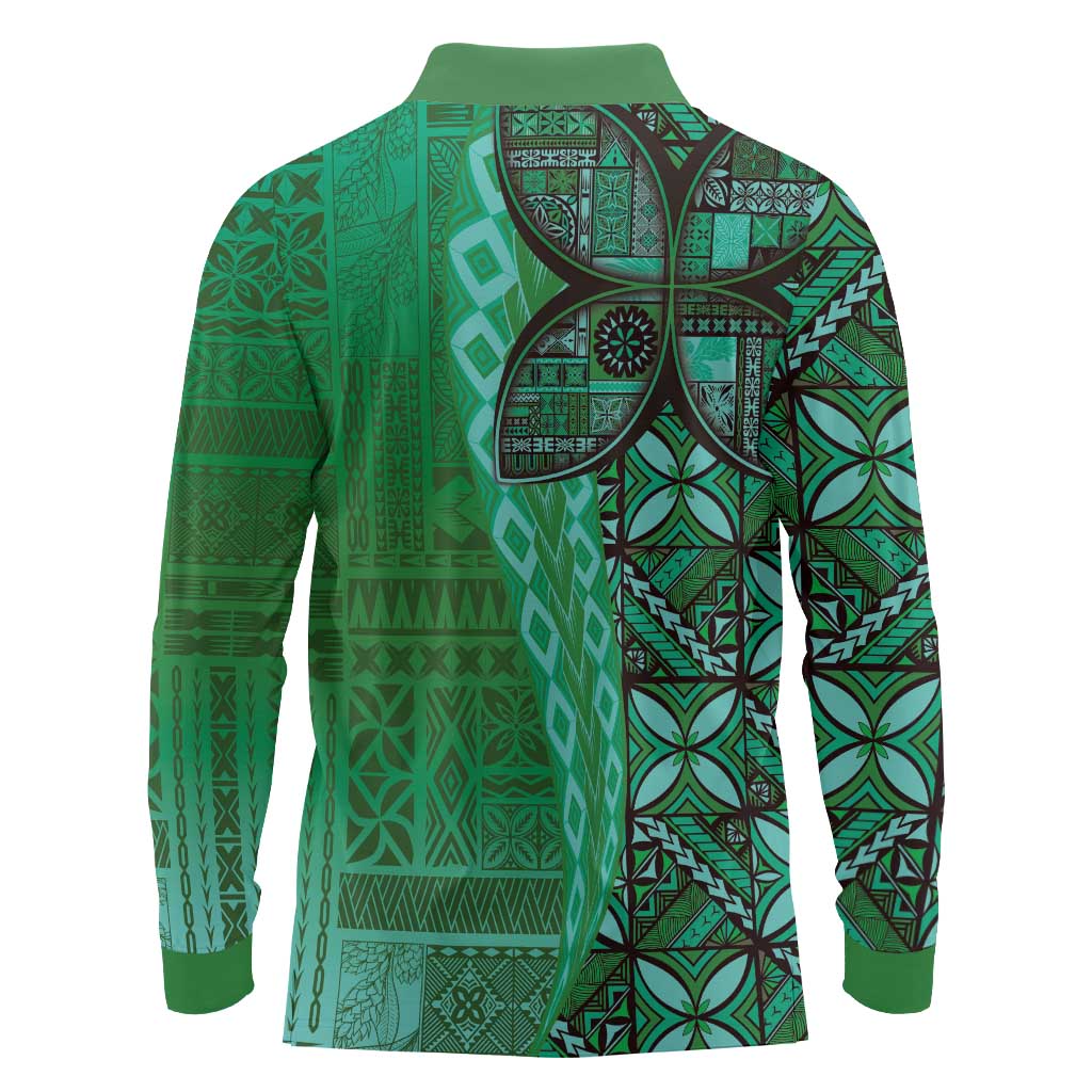 Samoan Pacific Tribal Flower Geometric Art Tattoos Long Sleeve Polo Shirt Siapo Pattern Emerald Glow - Polynesian Pride