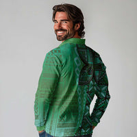 Samoan Pacific Tribal Flower Geometric Art Tattoos Long Sleeve Polo Shirt Siapo Pattern Emerald Glow - Polynesian Pride
