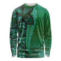 Samoan Pacific Tribal Flower Geometric Art Tattoos Long Sleeve Shirt Siapo Pattern Emerald Glow - Polynesian Pride