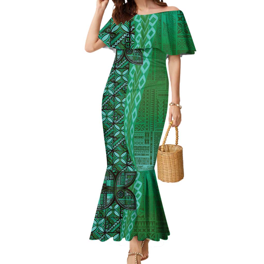 Samoan Pacific Tribal Flower Geometric Art Tattoos Mermaid Dress Siapo Pattern Emerald Glow - Polynesian Pride