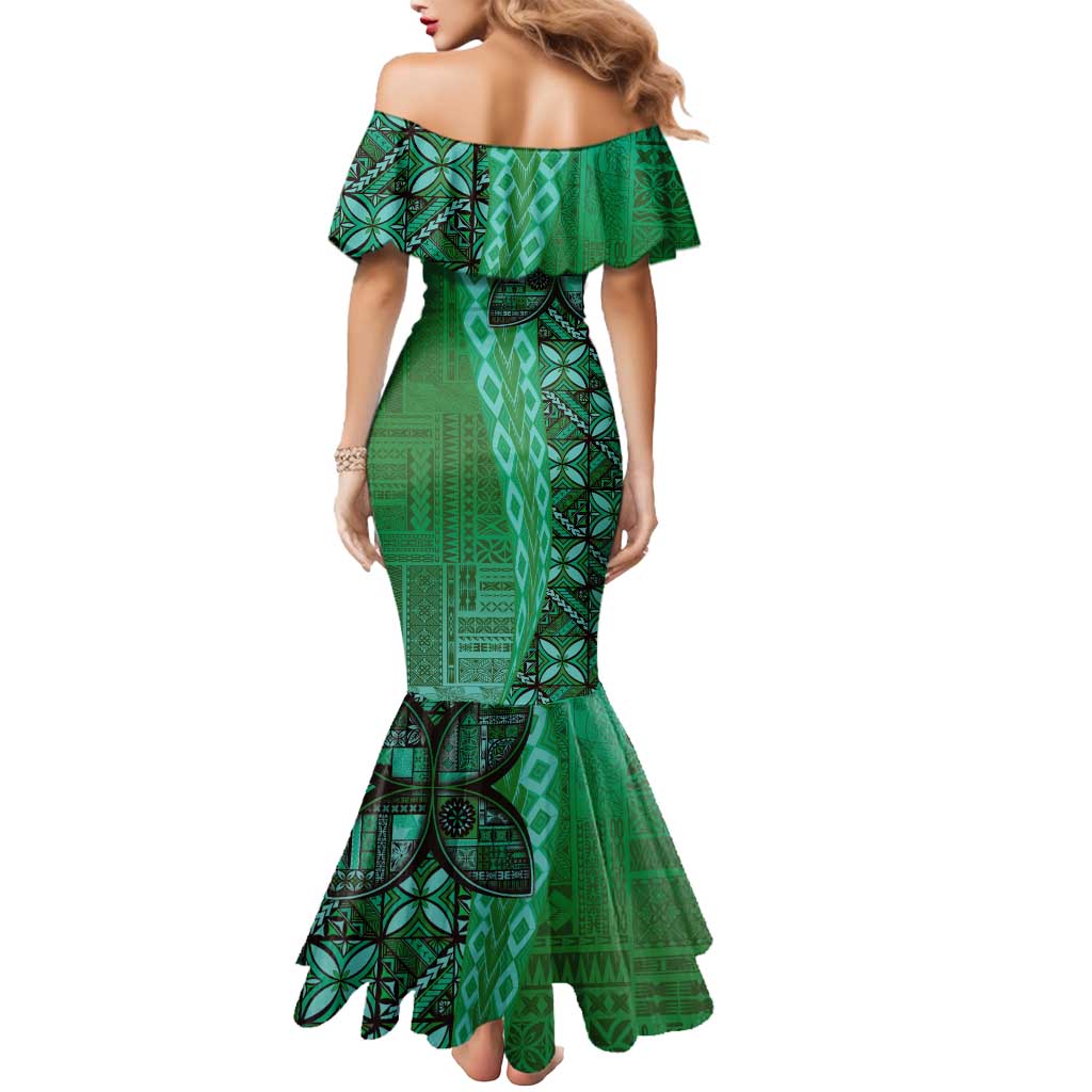 Samoan Pacific Tribal Flower Geometric Art Tattoos Mermaid Dress Siapo Pattern Emerald Glow - Polynesian Pride