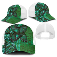 Samoan Pacific Tribal Flower Geometric Art Tattoos Mesh Trucker Cap Siapo Pattern Emerald Glow - Polynesian Pride