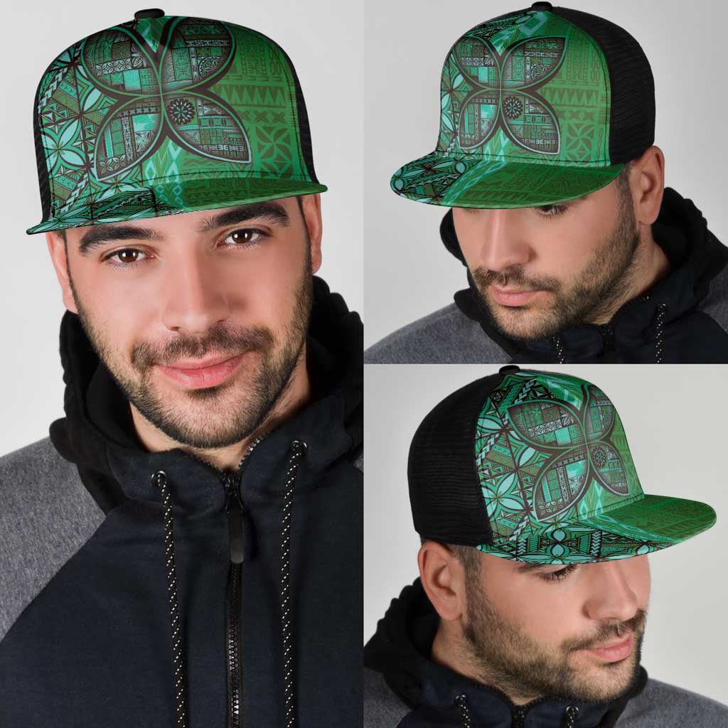 Samoan Pacific Tribal Flower Geometric Art Tattoos Mesh Trucker Cap Siapo Pattern Emerald Glow - Polynesian Pride