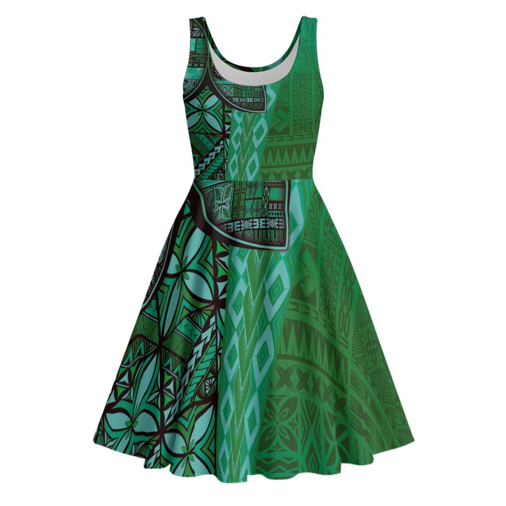 Samoan Pacific Tribal Flower Geometric Art Tattoos Midi Dress Siapo Pattern Emerald Glow - Polynesian Pride