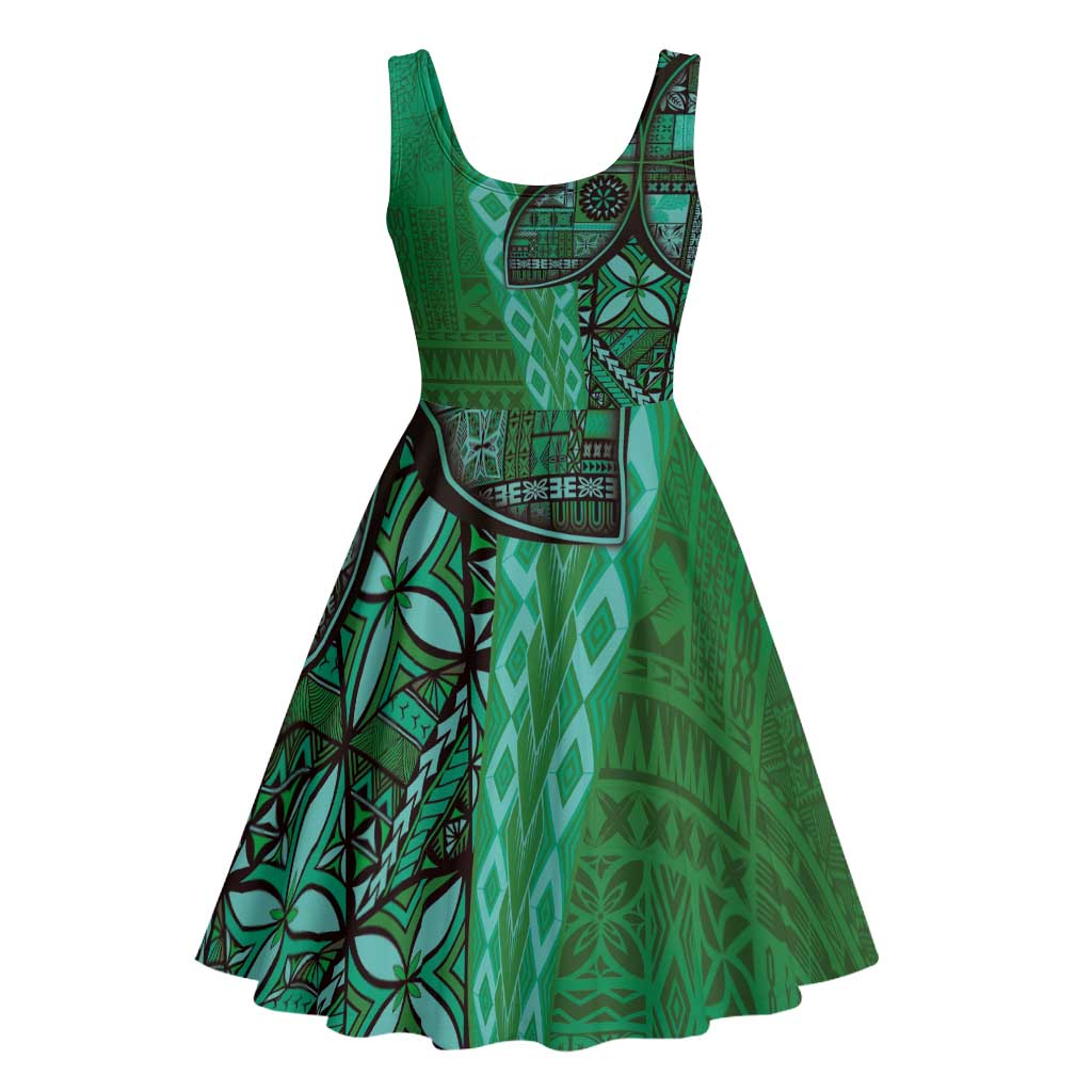 Samoan Pacific Tribal Flower Geometric Art Tattoos Midi Dress Siapo Pattern Emerald Glow - Polynesian Pride