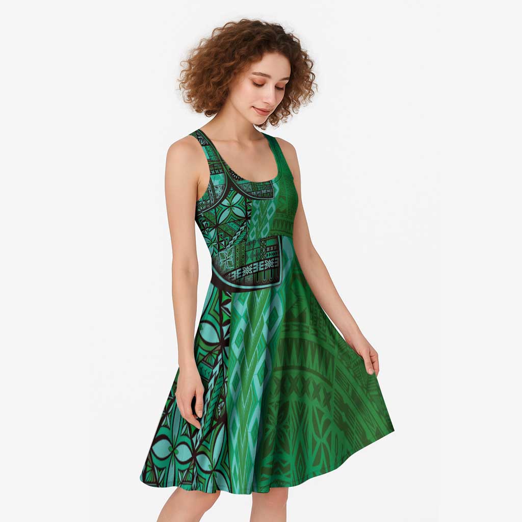 Samoan Pacific Tribal Flower Geometric Art Tattoos Midi Dress Siapo Pattern Emerald Glow - Polynesian Pride