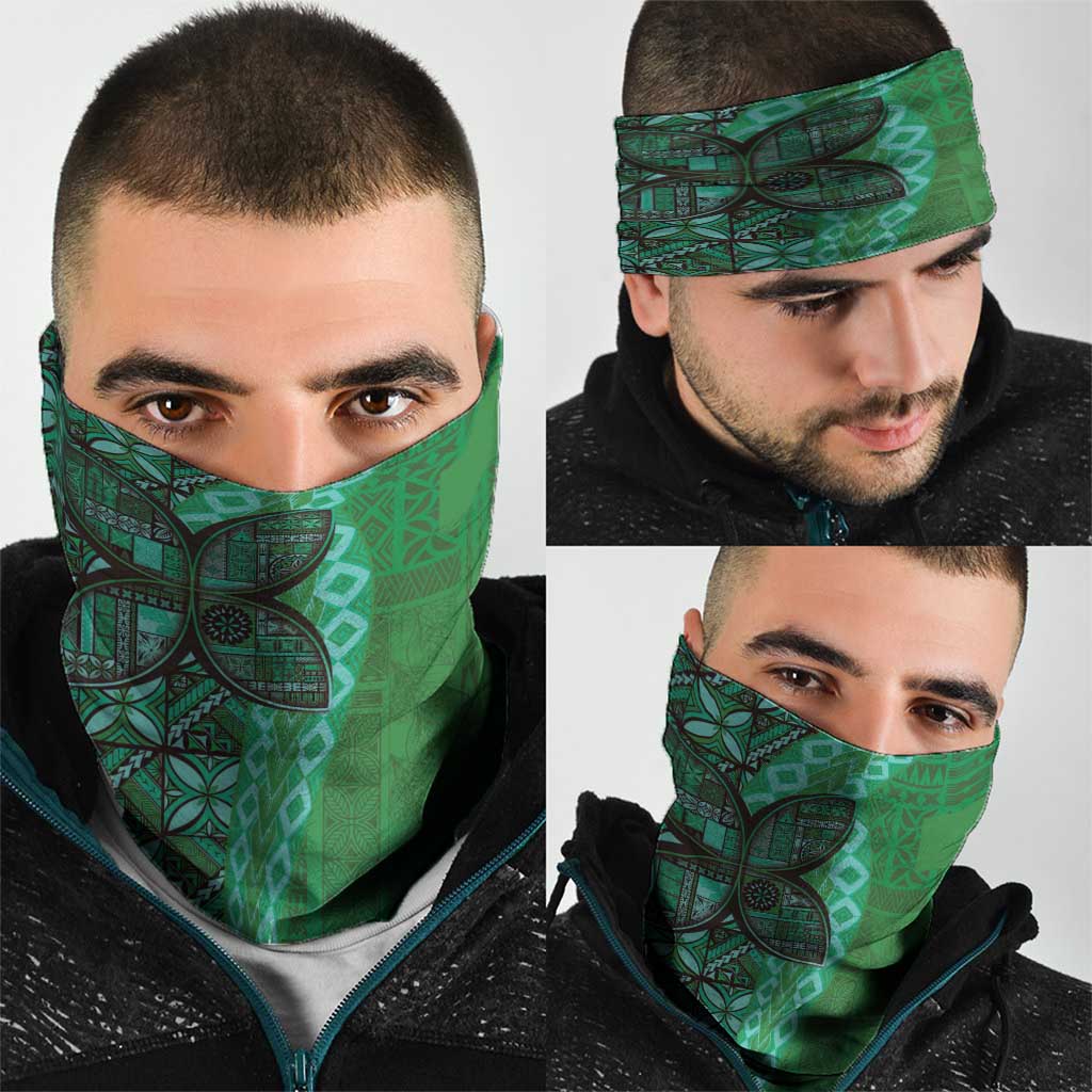 Samoan Pacific Tribal Flower Geometric Art Tattoos Neck Gaiter Siapo Pattern Emerald Glow LT03