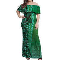 Samoan Pacific Tribal Flower Geometric Art Tattoos Off Shoulder Maxi Dress Siapo Pattern Emerald Glow - Polynesian Pride