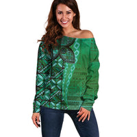 Samoan Pacific Tribal Flower Geometric Art Tattoos Off Shoulder Sweater Siapo Pattern Emerald Glow - Polynesian Pride
