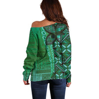Samoan Pacific Tribal Flower Geometric Art Tattoos Off Shoulder Sweater Siapo Pattern Emerald Glow - Polynesian Pride