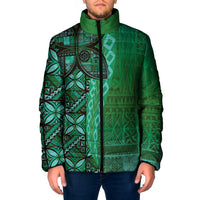 Samoan Pacific Tribal Flower Geometric Art Tattoos Padded Jacket Siapo Pattern Emerald Glow - Polynesian Pride