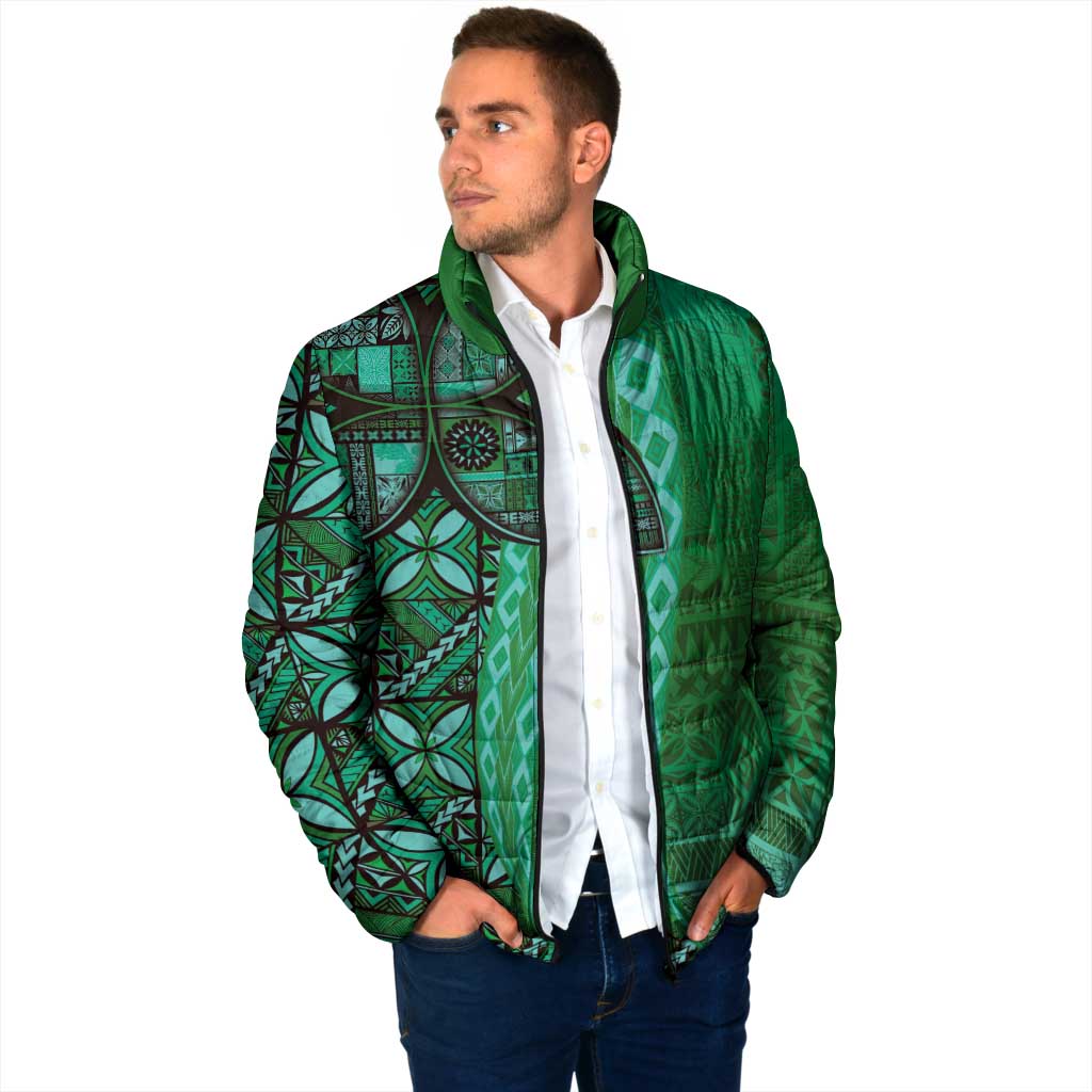 Samoan Pacific Tribal Flower Geometric Art Tattoos Padded Jacket Siapo Pattern Emerald Glow - Polynesian Pride