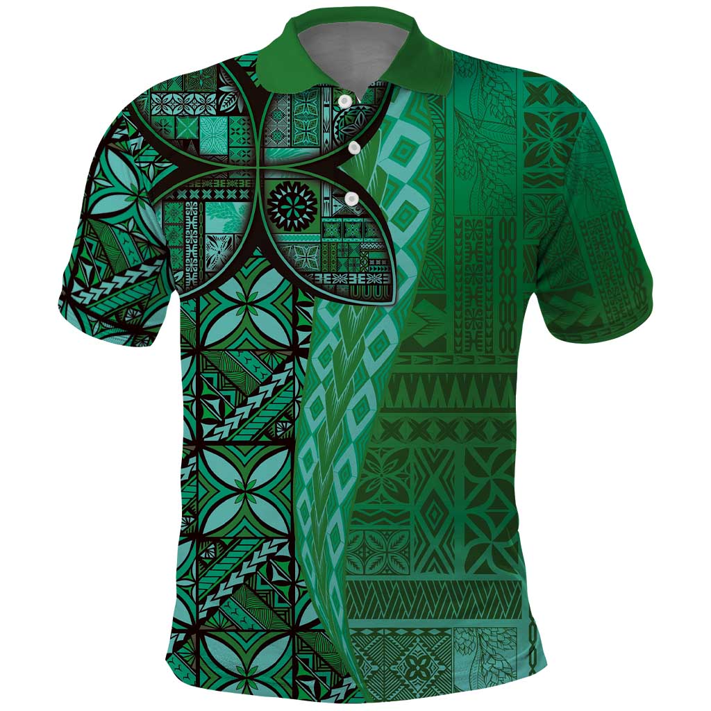 Samoan Pacific Tribal Flower Geometric Art Tattoos Polo Shirt Siapo Pattern Emerald Glow - Polynesian Pride