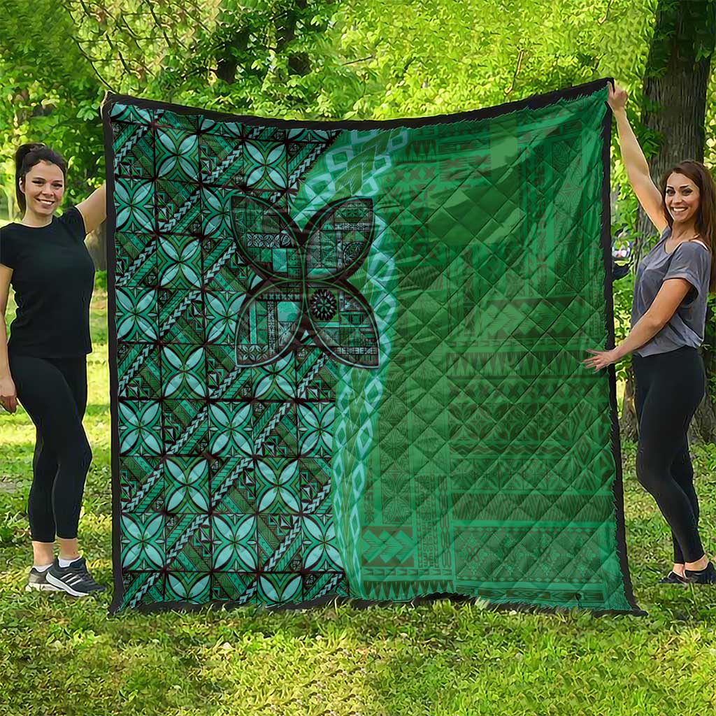 Samoan Pacific Tribal Flower Geometric Art Tattoos Quilt Siapo Pattern Emerald Glow - Polynesian Pride