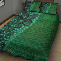 Samoan Pacific Tribal Flower Geometric Art Tattoos Quilt Bed Set Siapo Pattern Emerald Glow - Polynesian Pride
