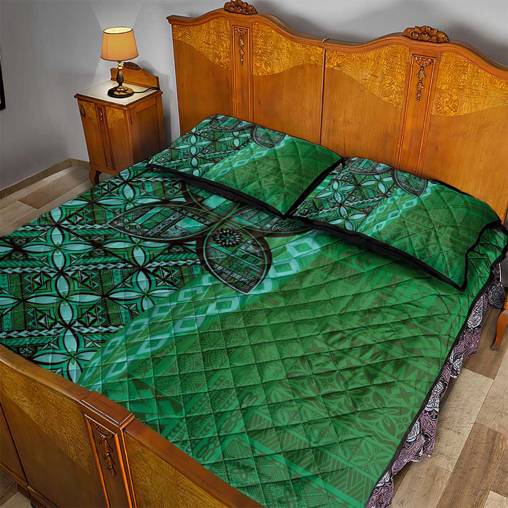 Samoan Pacific Tribal Flower Geometric Art Tattoos Quilt Bed Set Siapo Pattern Emerald Glow - Polynesian Pride