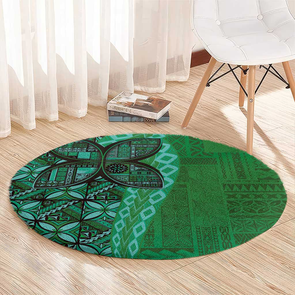 Samoan Pacific Tribal Flower Geometric Art Tattoos Round Carpet Siapo Pattern Emerald Glow - Polynesian Pride