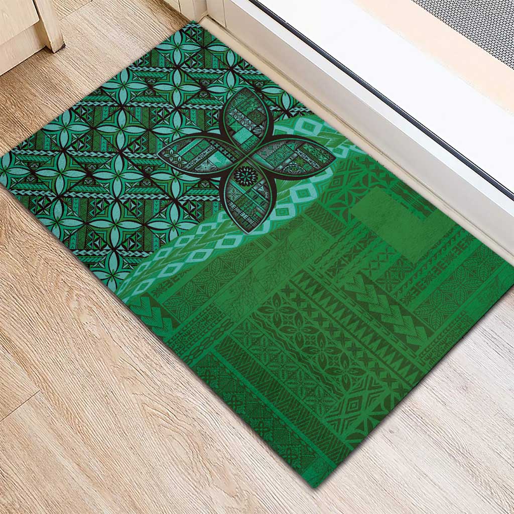 Samoan Pacific Tribal Flower Geometric Art Tattoos Rubber Doormat Siapo Pattern Emerald Glow - Polynesian Pride