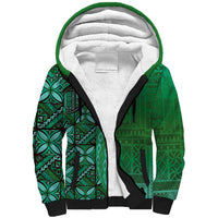 Samoan Pacific Tribal Flower Geometric Art Tattoos Sherpa Hoodie Siapo Pattern Emerald Glow - Polynesian Pride