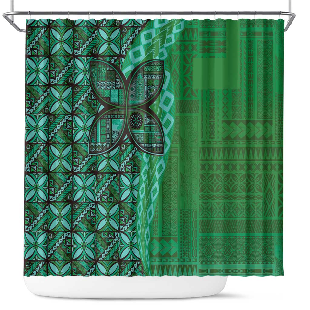 Samoan Pacific Tribal Flower Geometric Art Tattoos Shower Curtain Siapo Pattern Emerald Glow - Polynesian Pride