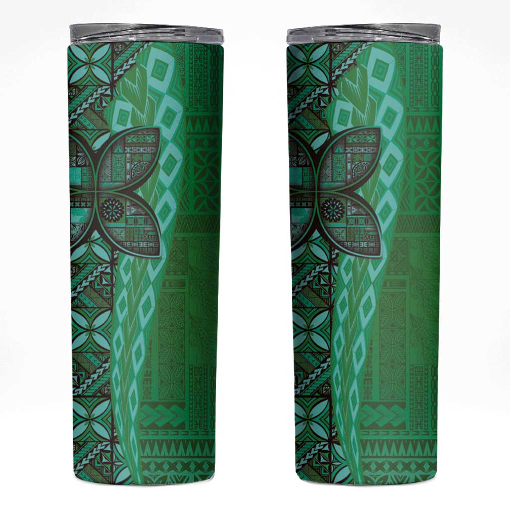 Samoan Pacific Tribal Flower Geometric Art Tattoos Skinny Tumbler Siapo Pattern Emerald Glow - Polynesian Pride