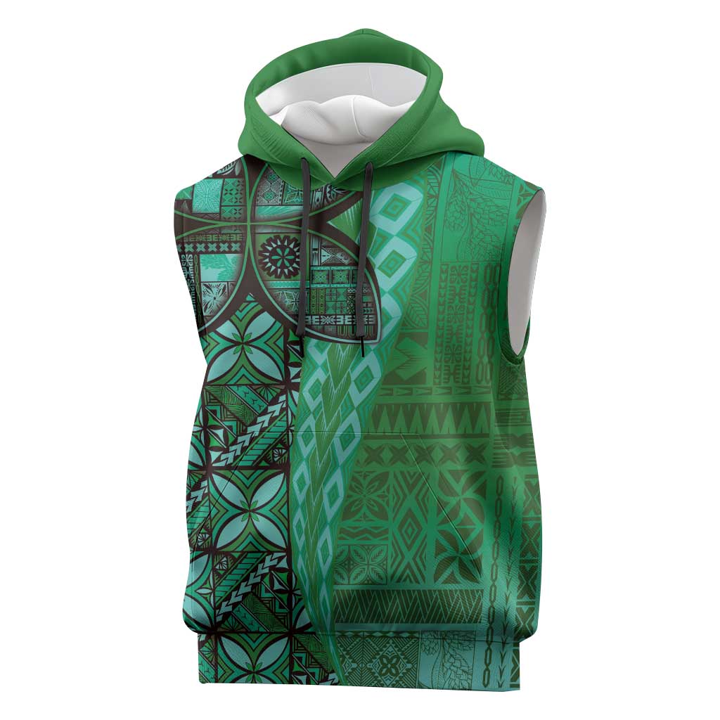 Samoan Pacific Tribal Flower Geometric Art Tattoos Sleeveless Hoodie Siapo Pattern Emerald Glow - Polynesian Pride