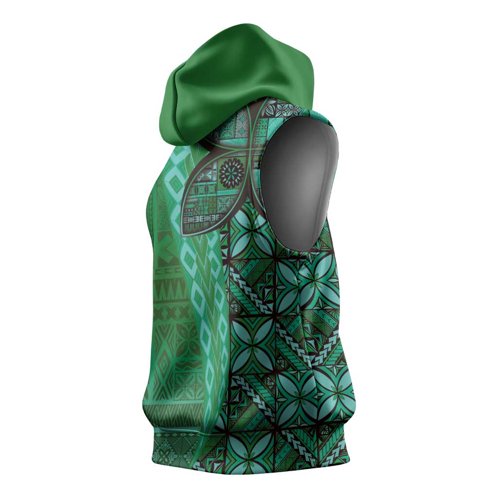 Samoan Pacific Tribal Flower Geometric Art Tattoos Sleeveless Hoodie Siapo Pattern Emerald Glow - Polynesian Pride