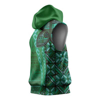 Samoan Pacific Tribal Flower Geometric Art Tattoos Sleeveless Hoodie Siapo Pattern Emerald Glow - Polynesian Pride
