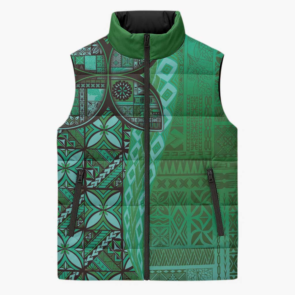 Samoan Pacific Tribal Flower Geometric Art Tattoos Sleeveless Puffer Jacket Siapo Pattern Emerald Glow - Polynesian Pride