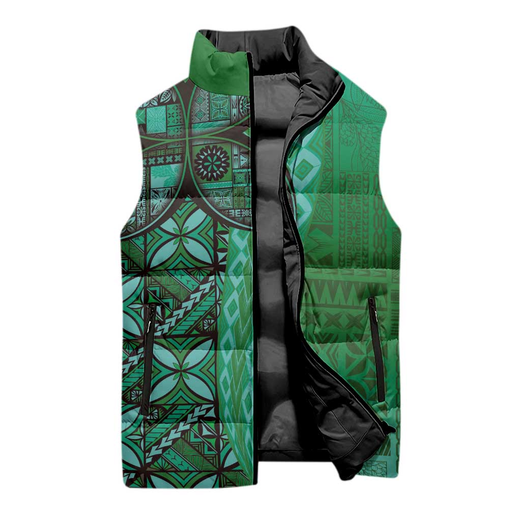 Samoan Pacific Tribal Flower Geometric Art Tattoos Sleeveless Puffer Jacket Siapo Pattern Emerald Glow - Polynesian Pride