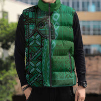 Samoan Pacific Tribal Flower Geometric Art Tattoos Sleeveless Puffer Jacket Siapo Pattern Emerald Glow - Polynesian Pride