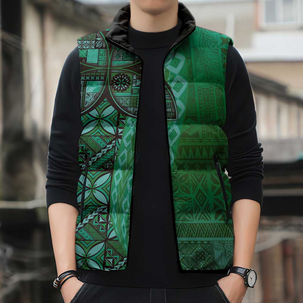 Samoan Pacific Tribal Flower Geometric Art Tattoos Sleeveless Puffer Jacket Siapo Pattern Emerald Glow - Polynesian Pride