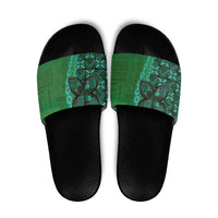 Samoan Pacific Tribal Flower Geometric Art Tattoos Slide Sandals Siapo Pattern Emerald Glow - Polynesian Pride
