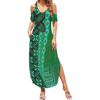 Samoan Pacific Tribal Flower Geometric Art Tattoos Summer Maxi Dress Siapo Pattern Emerald Glow - Polynesian Pride