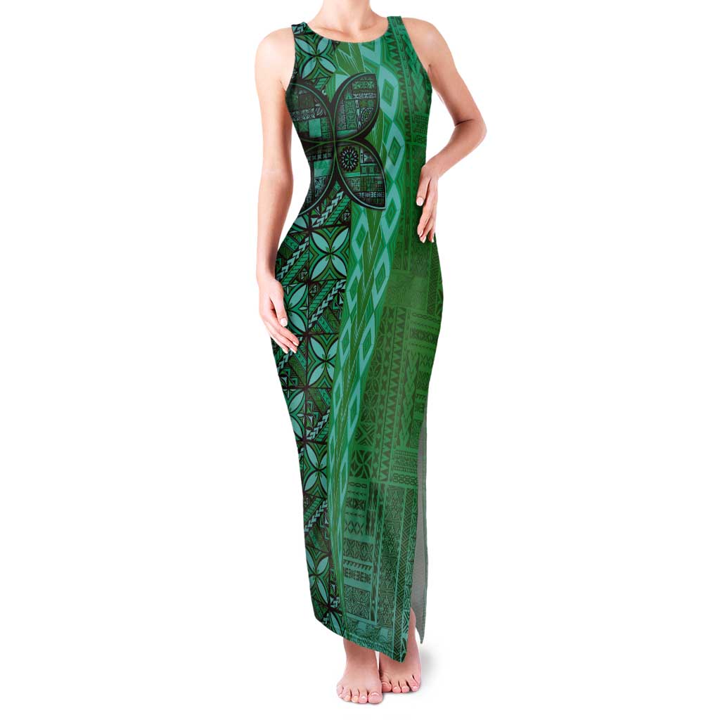 Samoan Pacific Tribal Flower Geometric Art Tattoos Tank Maxi Dress Siapo Pattern Emerald Glow - Polynesian Pride