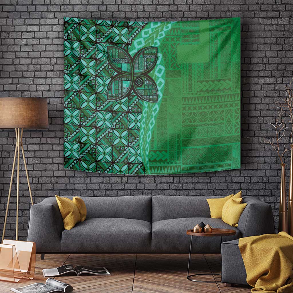 Samoan Pacific Tribal Flower Geometric Art Tattoos Tapestry Siapo Pattern Emerald Glow - Polynesian Pride